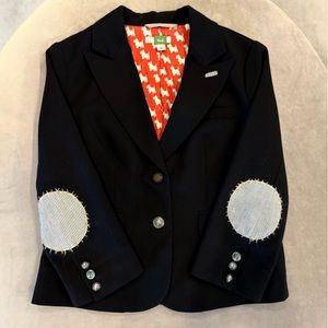 Anthropologie black blazer with striped elbow patches. Size 0.